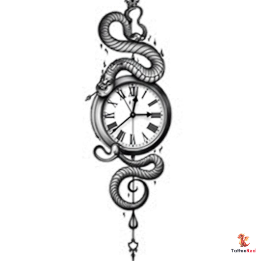 black and grey tattoo design featuring a clock with Roman numerals and a snake intertwined with an i