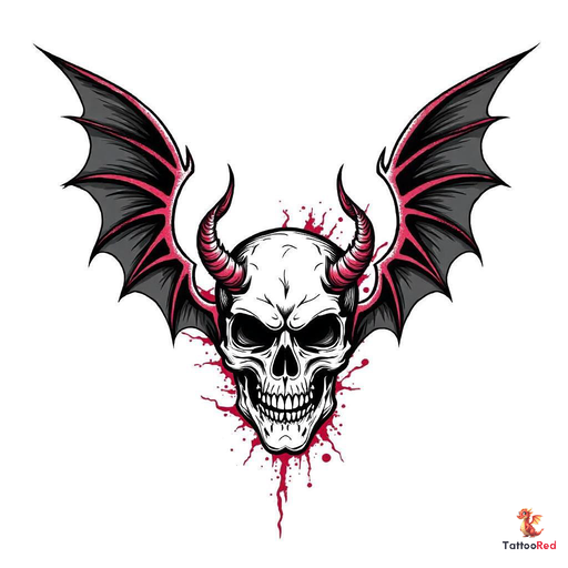 Neo-traditional tattoo of a skull with bat wings in vibrant colors and bold outlines.