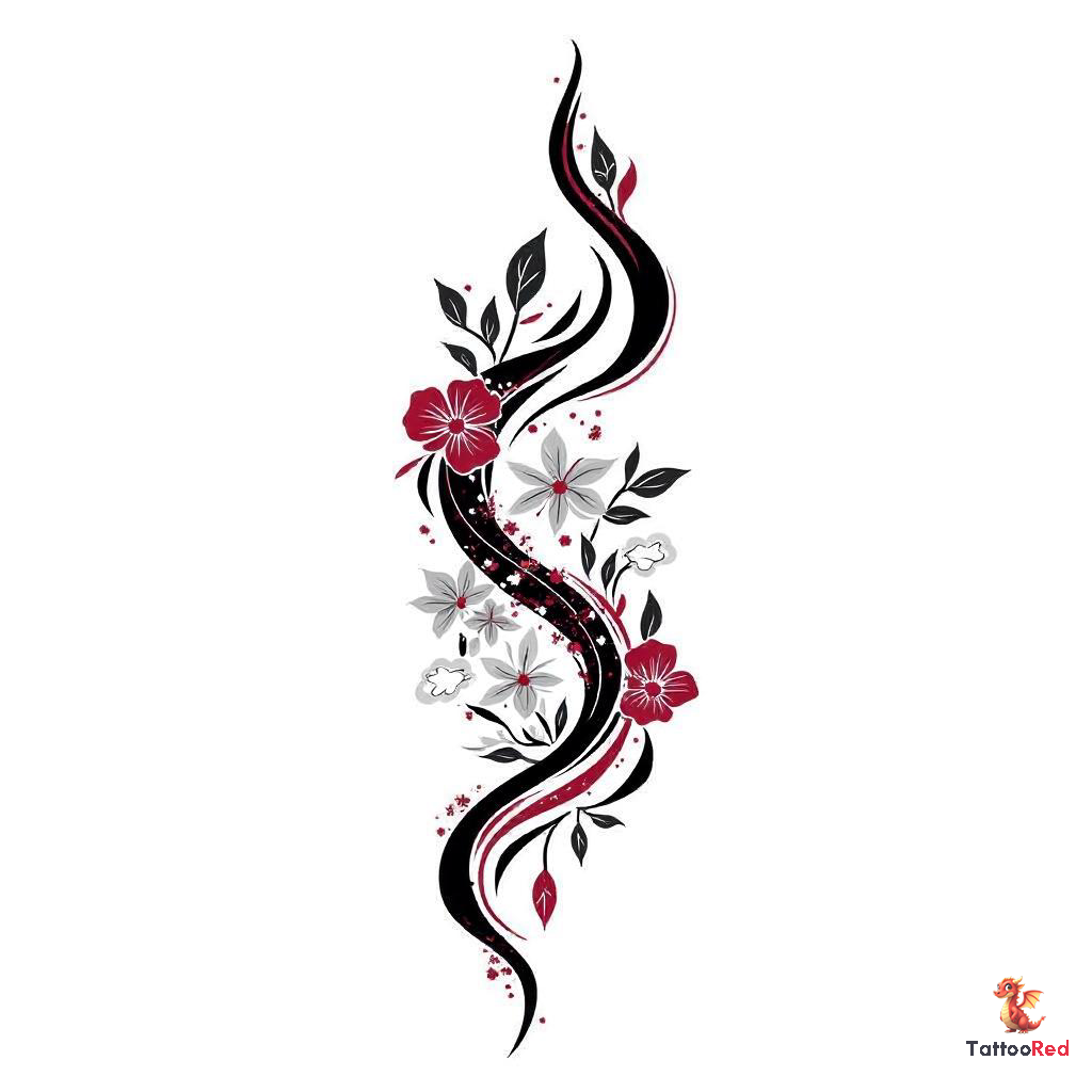 Neo-traditional floral tattoo design featuring red and grey flowers