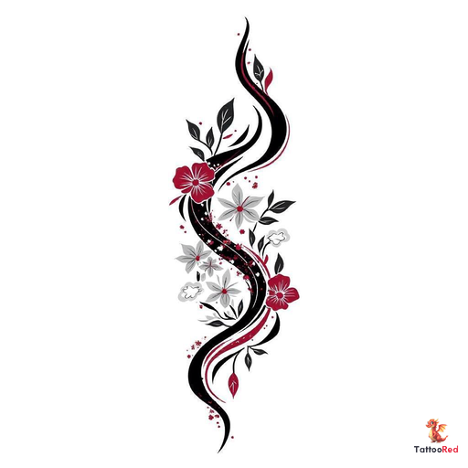 Neo-traditional floral tattoo design featuring red and grey flowers