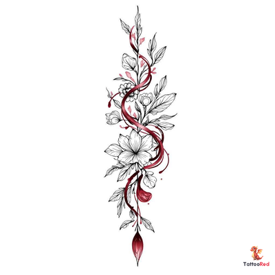 A neo-traditional floral tattoo design featuring intricate flowers and vibrant red colors.