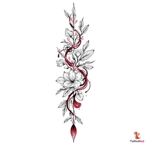 A neo-traditional floral tattoo design featuring intricate flowers and vibrant red colors.