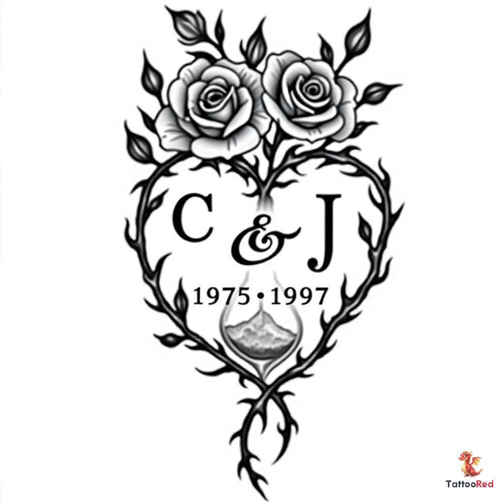 Tattoo design of three black roses forming a heart with initials and an hourglass.
