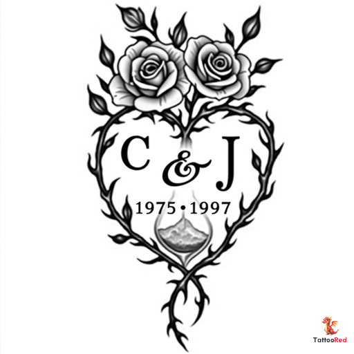 Tattoo design of three black roses forming a heart with initials and an hourglass.