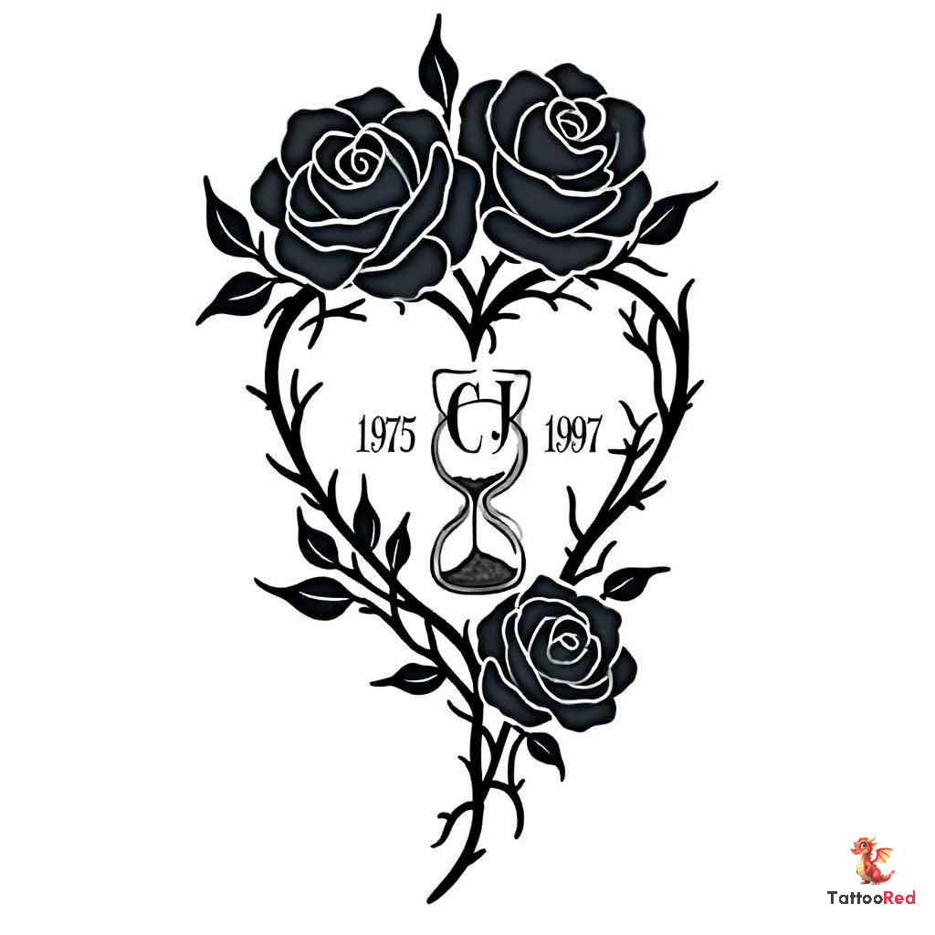 Tattoo of three black roses forming a heart with initials and an hourglass.