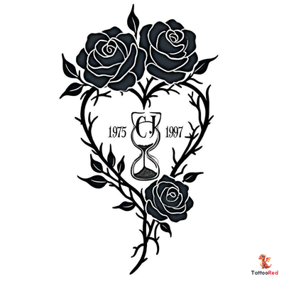 Tattoo of three black roses forming a heart with initials and an hourglass.