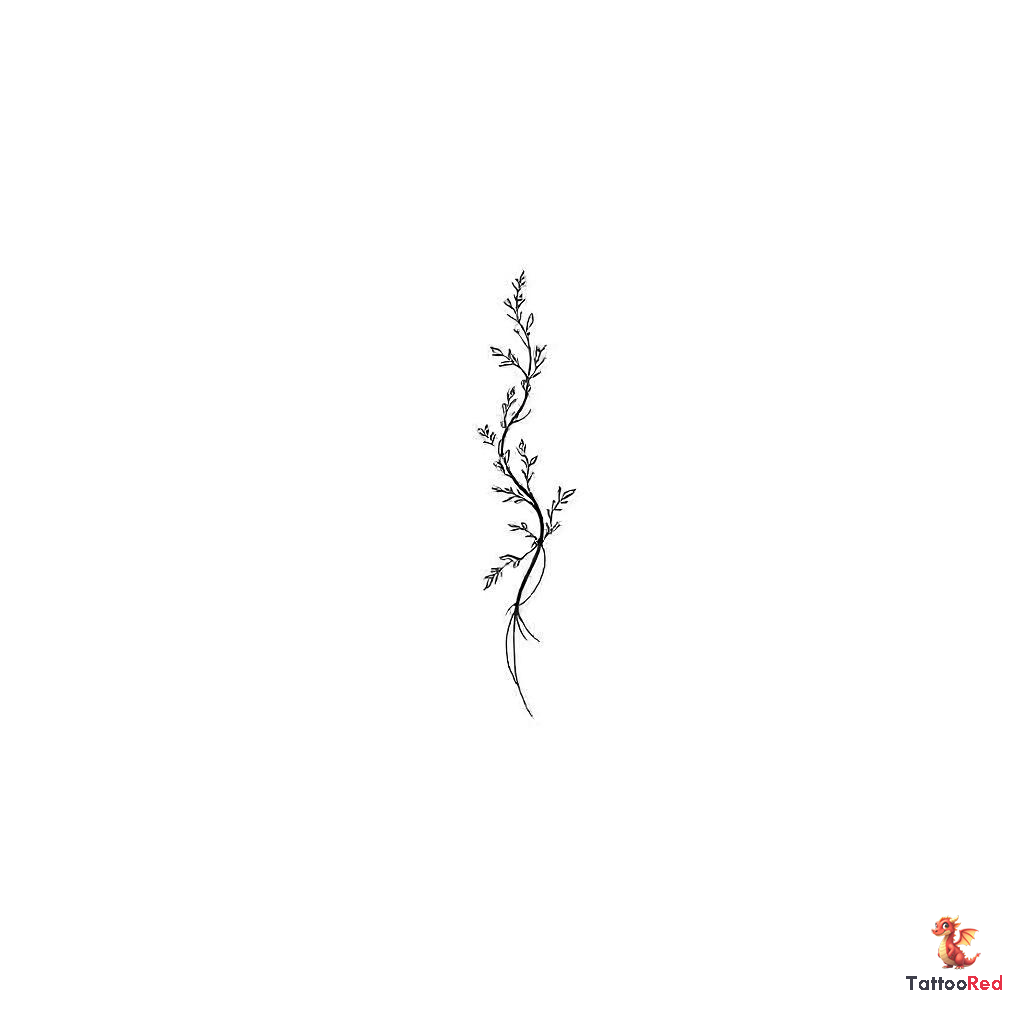 Minimalist tattoo design featuring a slender vine with leaves.
