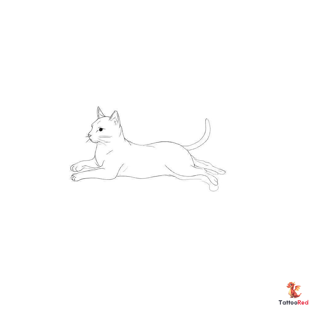 Minimalist outline tattoo of a cat lying on its side with exposed belly.