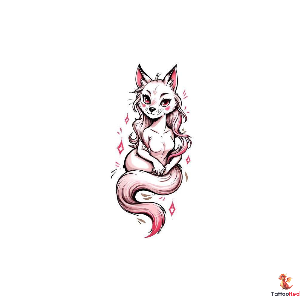 A whimsical young lady furry fox tattoo design with vibrant colors.