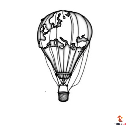 a hot air balloon with a swing aon the bottom and the ballon shows de outer lines of a europe map