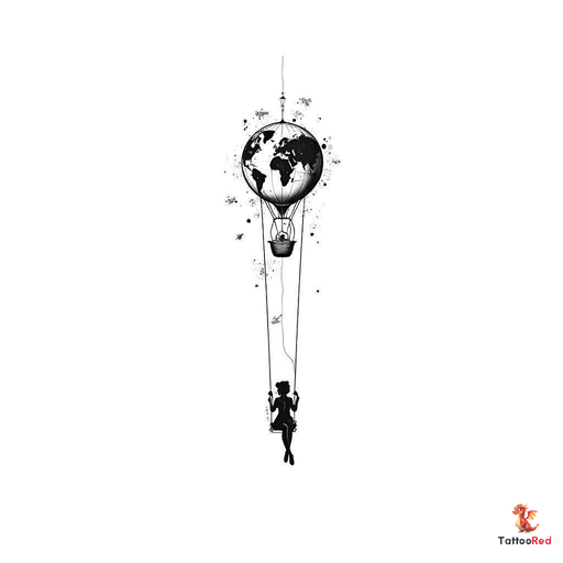 Create a striking black-and-white tattoo design featuring a person sitting on a swing attached to a