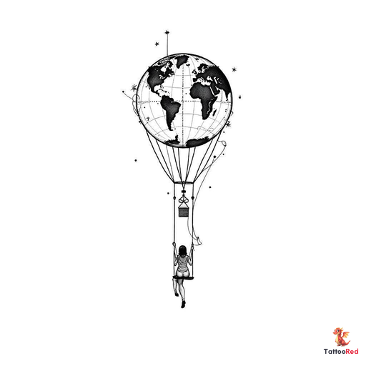 Design black-and-white tattoo inspired by the concept of a person sitting in a swing attached to a