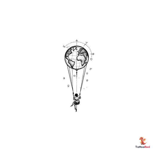 Design black-and-white tattoo inspired by the concept of a person sitting in a swing attached to a