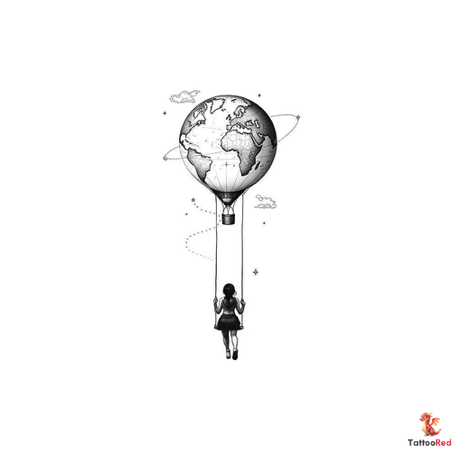 Design black-and-white tattoo inspired by the concept of a person sitting in a swing attached to a