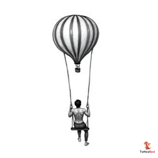 a Person sitting on a swing underneath a hot air balloon