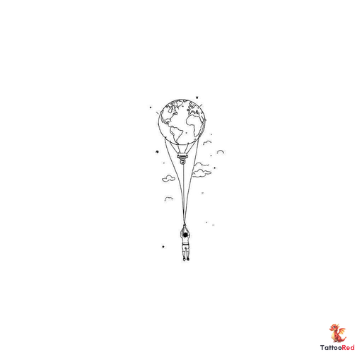 Create a minimalist, fine-line black ink tattoo design featuring a surreal and symbolic scene: A per