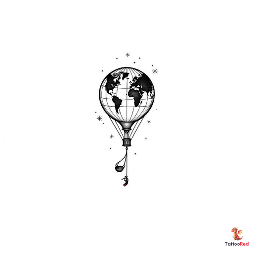 a hot air balloon with a swing on the bottom and the ballon shows the outer lines of a world map