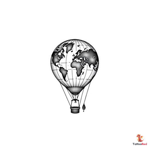 a hot air balloon with a swing on the bottom and the ballon shows the outer lines of a world map