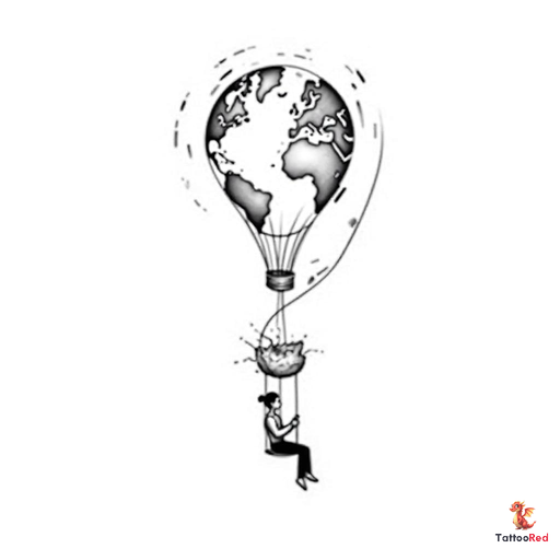 a long shaped hot air balloon with a person sitting on a swing on the bottom and the ballon shows th