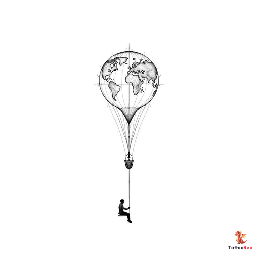 a long shaped hot air balloon with a person sitting on a swing on the bottom and the ballon shows th