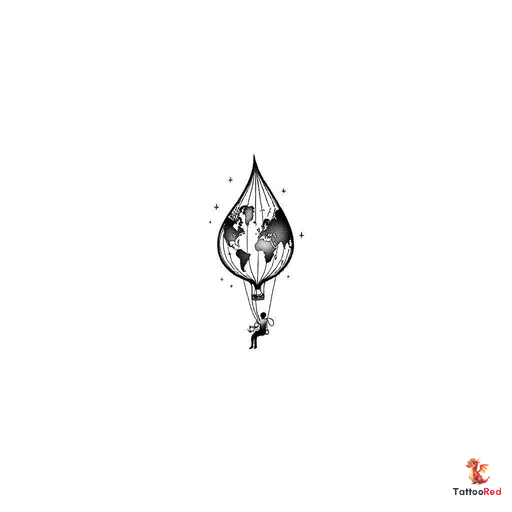 a drop shaped hot air balloon with a person sitting on a swing attached to the bottom and the ballon