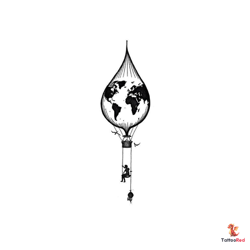 a inverted drop shaped hot air balloon with a person sitting on a swing attached to the bottom and t