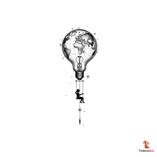 a light bulb shaped hot air balloon with a person sitting on a swing attached to the bottom and the