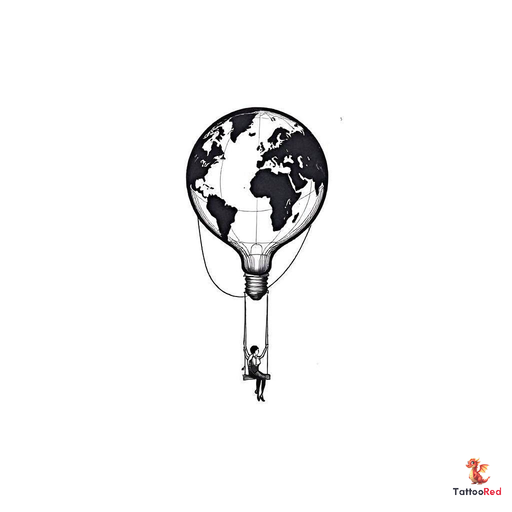 a light bulb inspired shaped hot air balloon with a person sitting on a swing attached to the bottom