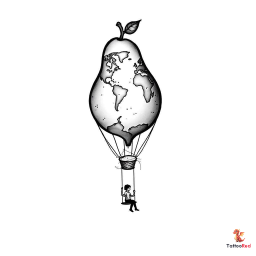 a pear inspired shaped hot air balloon with a person sitting on a swing attached to the bottom and t