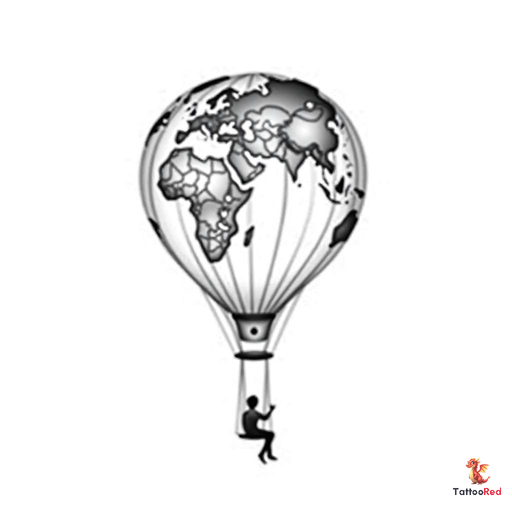 ahot air balloon with tapered bottom and a person sitting on a swing attached to the bottom and the