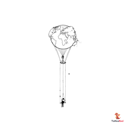 a long shaped hot air balloon with light tapered bottom and a person sitting on a swing attached to