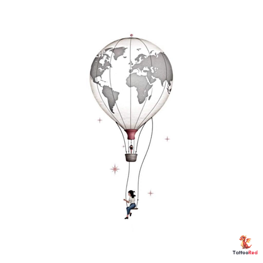 a long shaped hot air balloon with light tapered bottom and a person sitting on a swing attached to