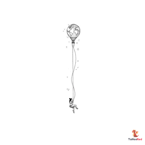 a long shaped hot air balloon with light tapered bottom and a person sitting on a swing attached to