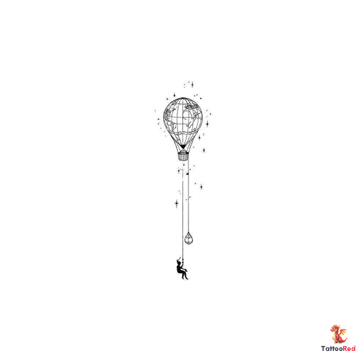 a long shaped hot air balloon with light tapered bottom and a person sitting on a swing attached to