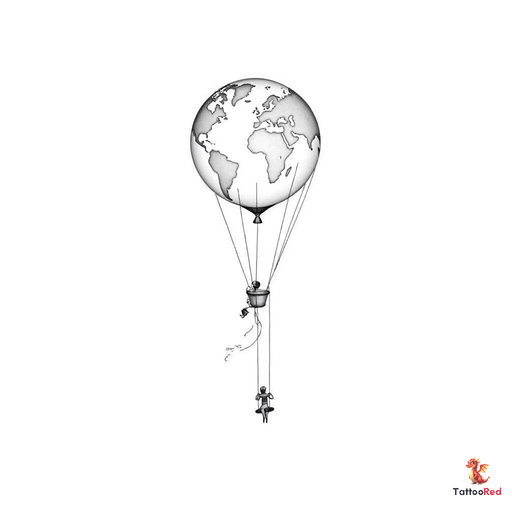 a long shaped hot air balloon with light tapered bottom and a person sitting on a swing attached to