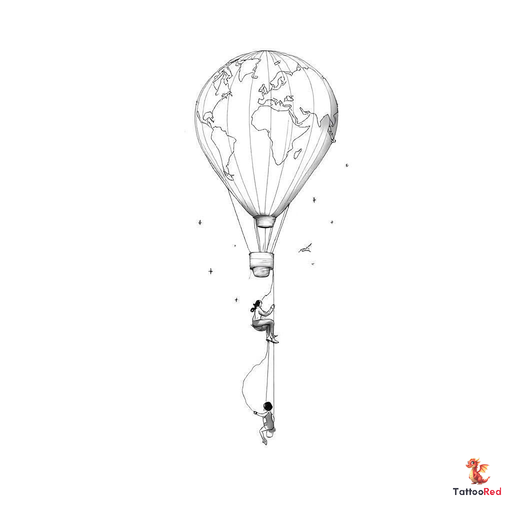 a long shaped hot air balloon with light tapered bottom and a person sitting on a swing attached to