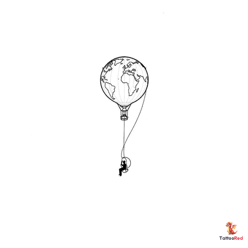 Minimalist fine line tattoo design of a hot air balloon shaped like a world map. The balloon envelop
