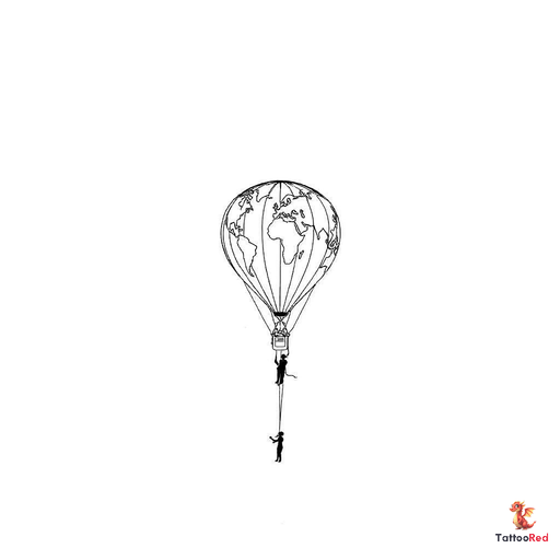 Minimalist fine line tattoo design of a hot air balloon shaped like a world map. The balloon envelop