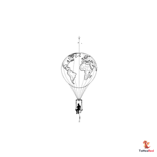 Minimalist fine line tattoo design of a hot air balloon shaped like a world map. The balloon envelop
