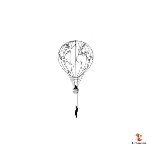 Minimalist fine line tattoo design of a hot air balloon shaped like a world map. The balloon envelop