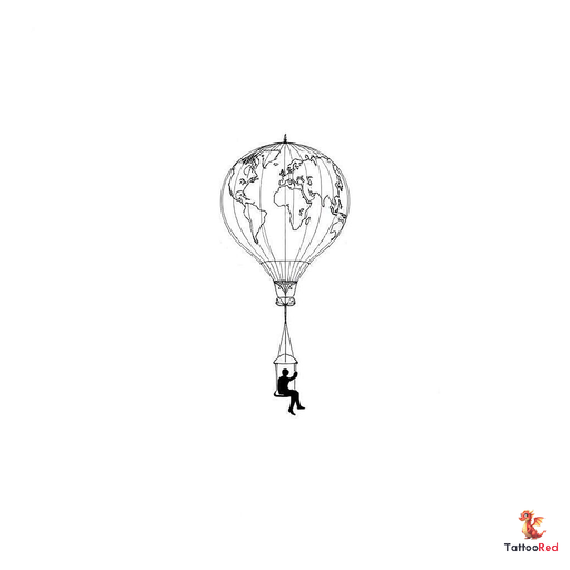 Minimalist fine line tattoo design of a hot air balloon shaped like a world map. The balloon envelop