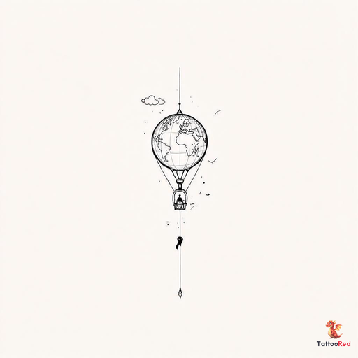 Delicate small tattoo design of a hot air balloon with a very simplified world map inside the balloo