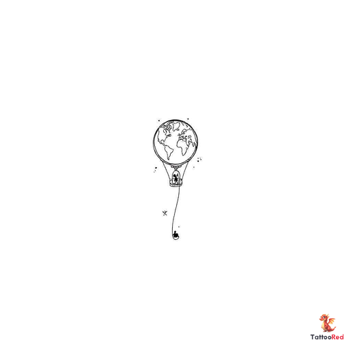 Delicate small tattoo design of a hot air balloon with a very simplified world map inside the balloo