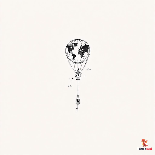 Small delicate hot air balloon tattoo with a simplified world map inside the balloon. Clean fine lin