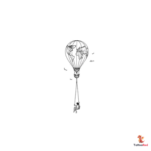 Small long shaped hot air balloon wiht a tapered bottom with a simplified world map inside the ballo