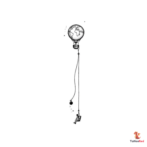 Small long shaped hot air balloon wiht a tapered bottom with a simplified world map inside the ballo