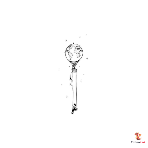 Small long shaped hot air balloon wiht a tapered bottom with a simplified world map inside the ballo