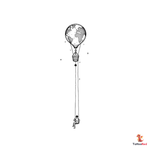 Small long shaped hot air balloon wiht a tapered bottom with a simplified world map inside the ballo