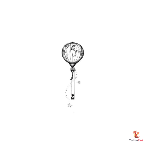 Small long shaped hot air balloon wiht a tapered bottom with a simplified world map inside the ballo