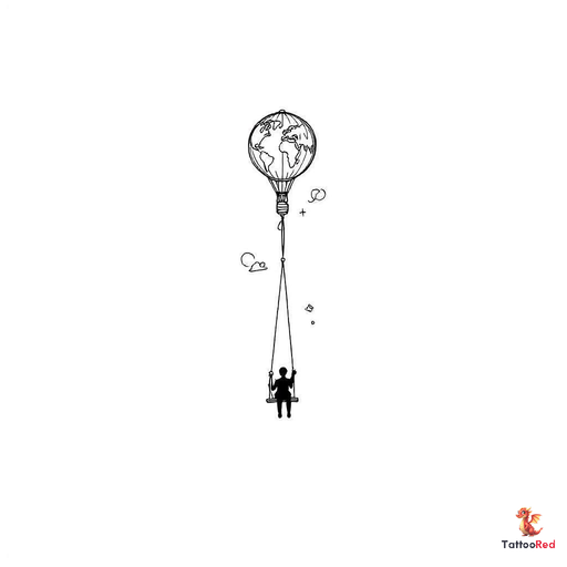 Small long shaped hot air balloon wiht a tapered bottom with a simplified world map inside the ballo